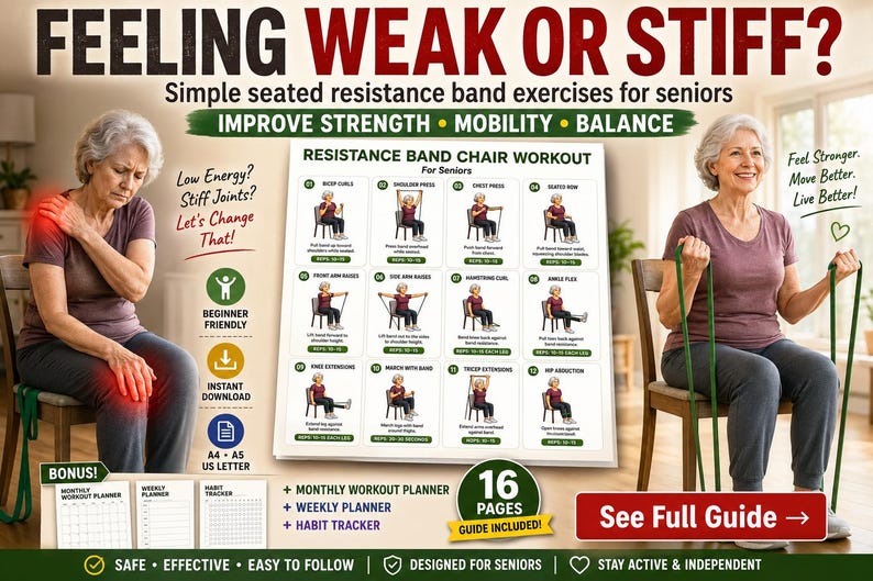 Senior Resistance Band Exercise Chart |Senior Workout Routine Printable | Resistance Band Exercises for Seniors | Fitness Poster PDF — original Etsy mockup 3