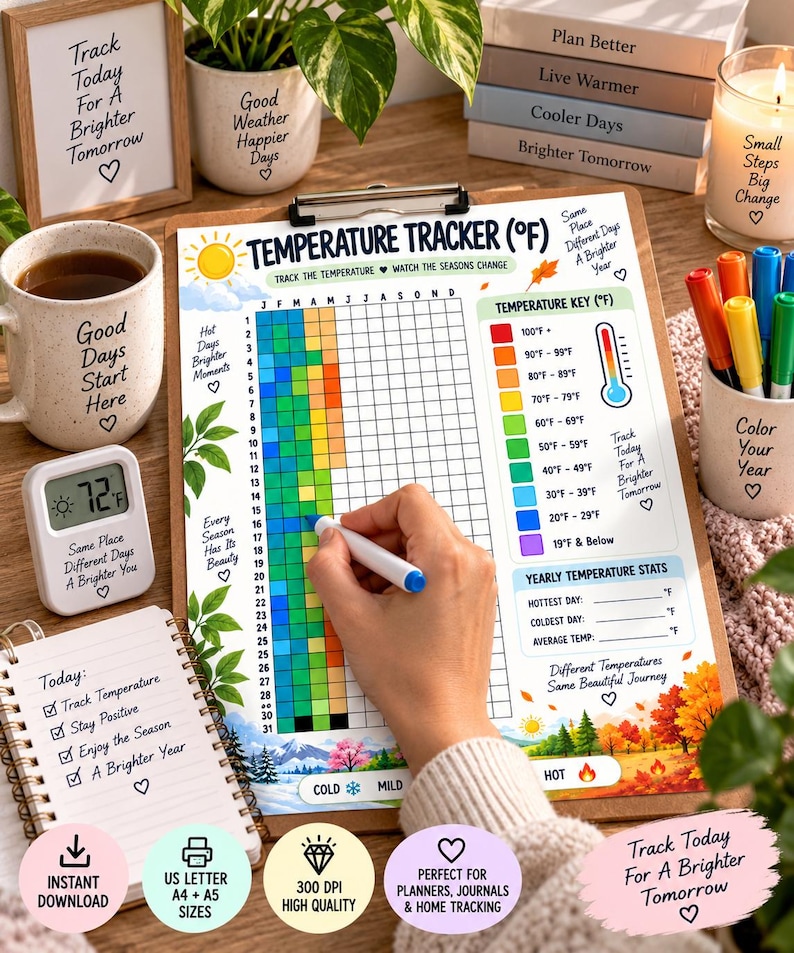 Temperature Tracker Printable, Yearly Weather Log, Daily Temperature Chart, Weather Tracker, Seasonal Tracker, Planner Insert PDF — original Etsy mockup 5