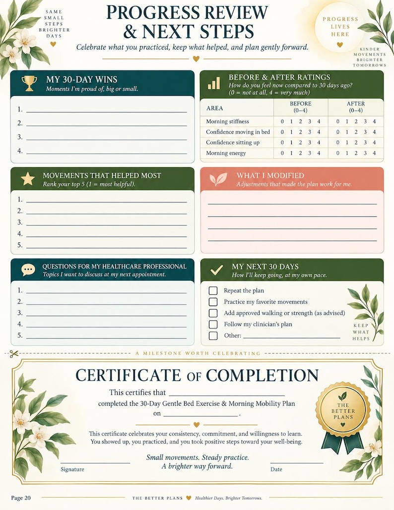 Senior Mobility Exercise Printable, Bed-to-Sit Movement Guide, 30-Day Low Impact Bed Chair Workout with Safety Tracker — original Etsy mockup 8