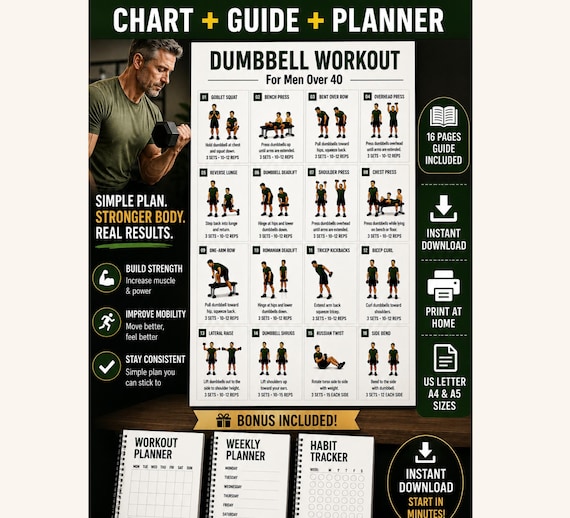 Dumbbell Workout for Men Over 40 Printable | Full-Body Strength Chart