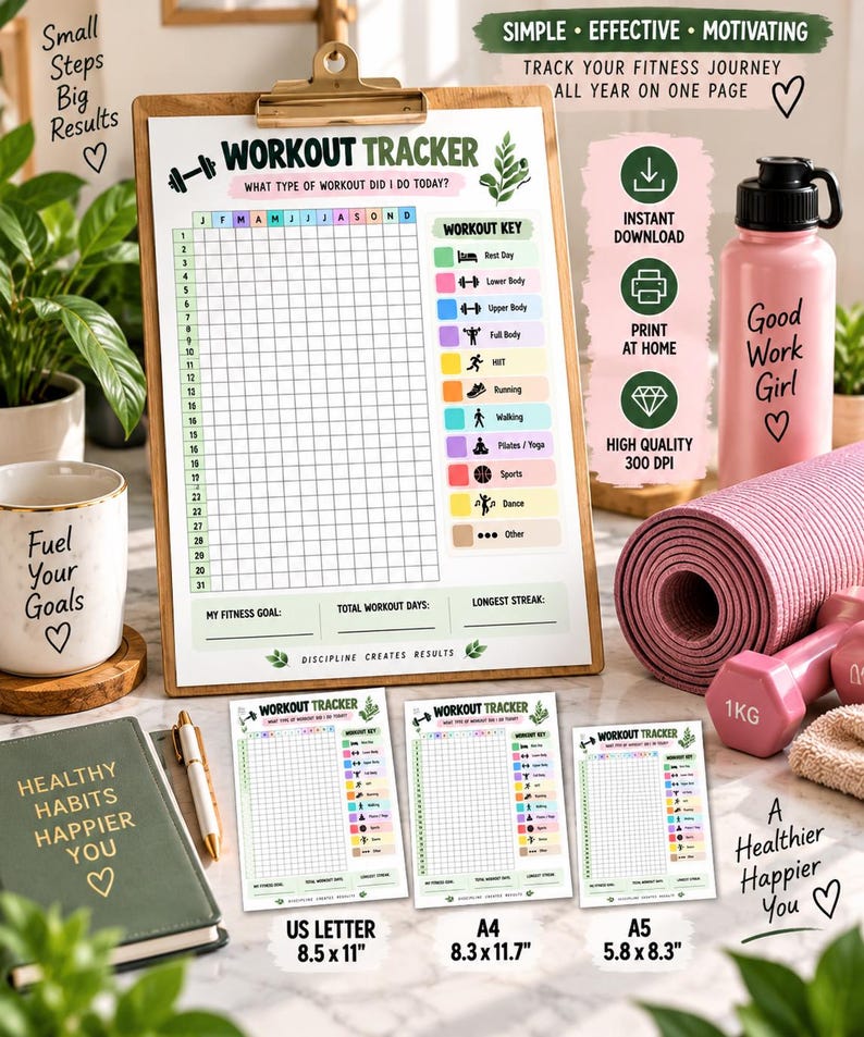 Workout Tracker Printable, Year in Pixels Fitness Tracker, Exercise Log, Workout Planner, Gym Tracker, Fitness Journal, Instant Download — original Etsy mockup 2