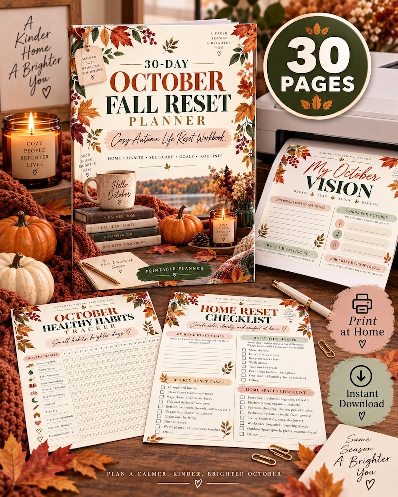 Autumn Reset Workbook Printable, 30 Page October Planner, Fall Home Organization Self Care Habit Tracker Goal Setting PDF — original Etsy mockup 10