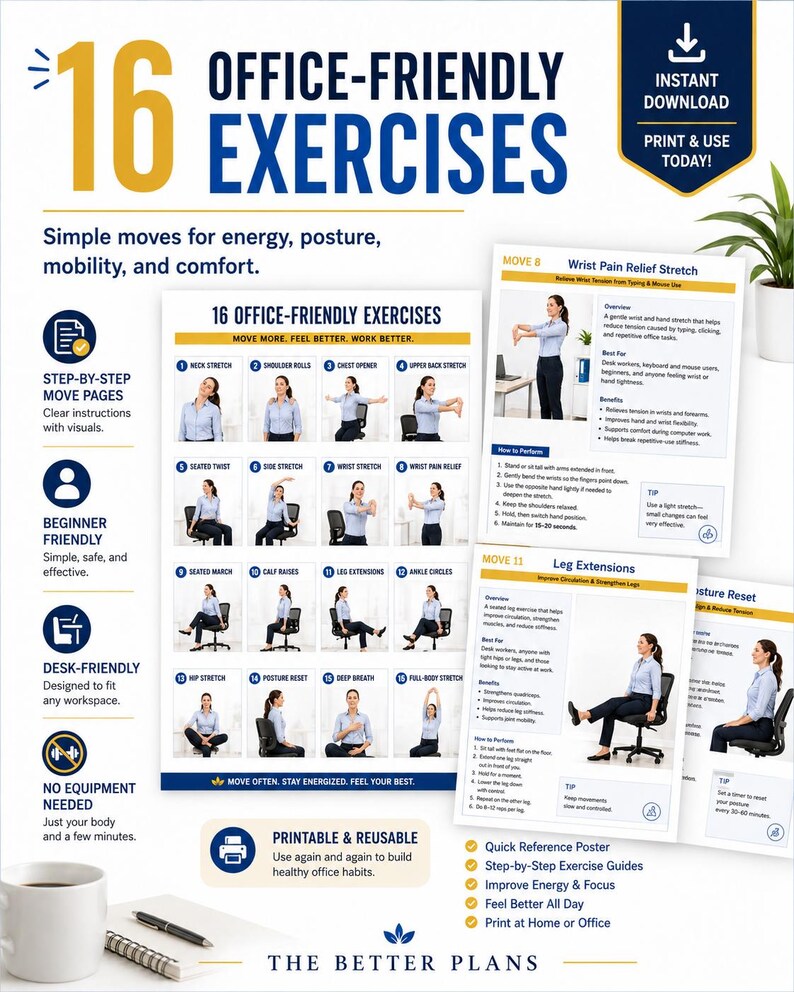 5-Minute Office Workout Printable PDF, Desk Exercise Guide, Tracker & 30-Day Challenge — original Etsy mockup 3