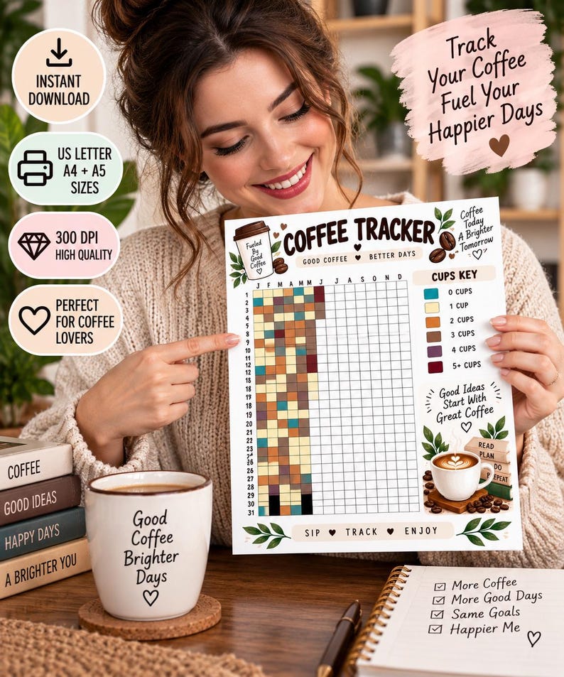 Coffee Habit Tracker Printable, Coffee Journal Insert, Daily Cup Tracker, Caffeine Log, Coffee Lover Gift, Lifestyle Habit Planner PDF — original Etsy mockup 3