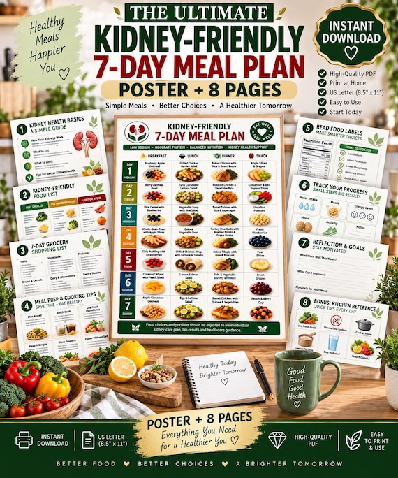 Kidney Friendly 7 Day Meal Plan, Renal Diet Meal Planner, CKD Food Guide, Low Sodium Weekly Menu, Kidney Diet Printable PDF