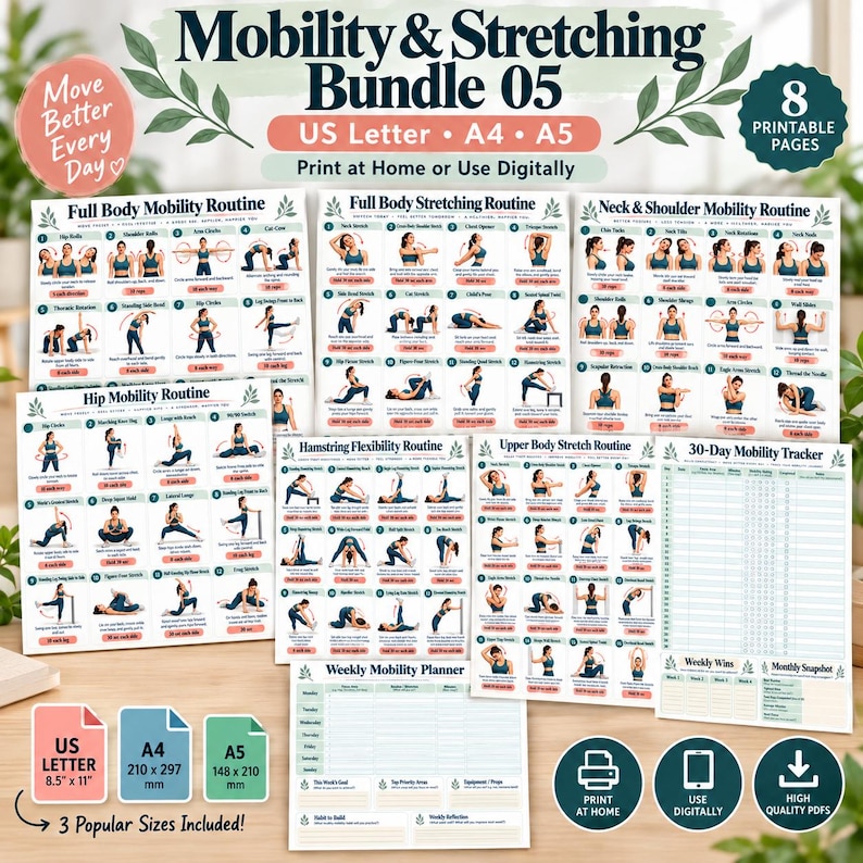 Mobility & Stretching Bundle Printable, 20 Exercise Posters + 8 Trackers, Full Body Flexibility Warm Up Cool Down PDF — original Etsy mockup 8