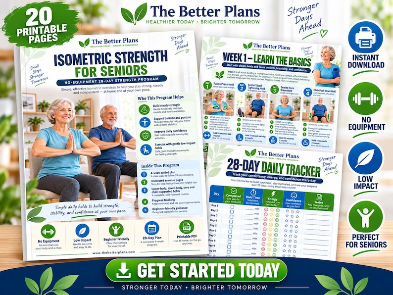 Senior Strength Workout Printable PDF, Isometric Exercises for Seniors, 4 Week Low Impact Home Program with Tracker — original Etsy mockup 10