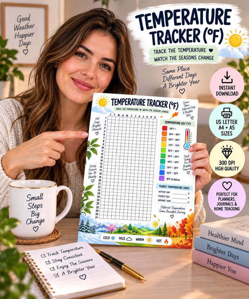 Temperature Tracker Printable, Yearly Weather Log, Daily Temperature Chart, Weather Tracker, Seasonal Tracker, Planner Insert PDF — original Etsy mockup 2