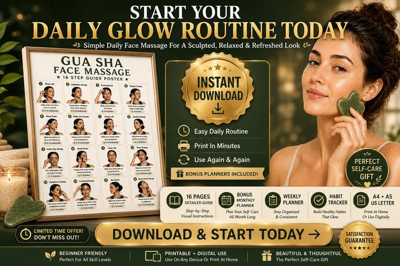 Gua Sha Face Massage Chart Printable, Facial Lymphatic Drainage Routine Poster, Skincare Self Massage Jawline Guide For Women, Gua Sha — original Etsy mockup 7
