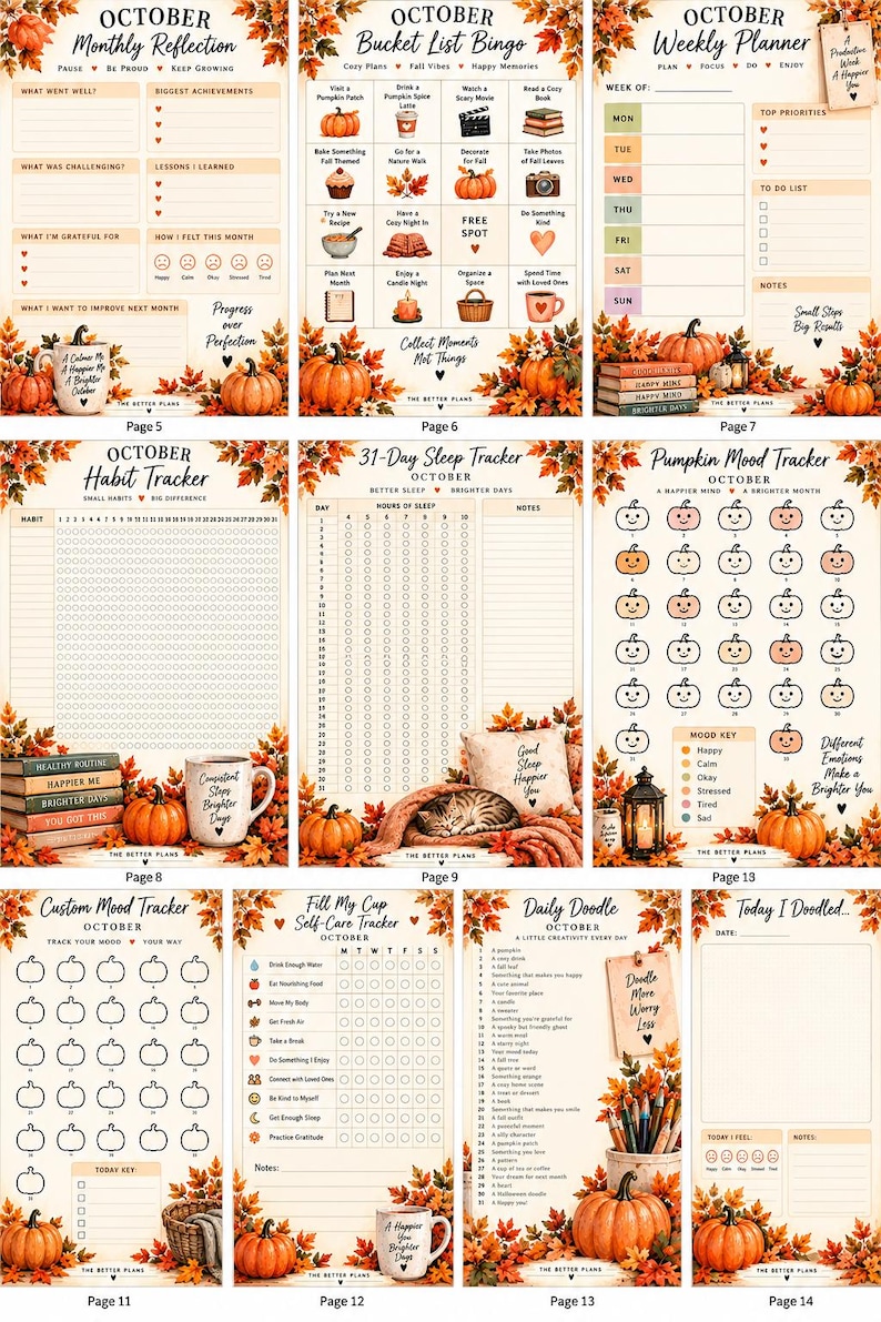 October Planner Printable, Fall Pumpkin Bullet Journal, 20 Page Habit Tracker, Mood Tracker, Self Care Journal PDF — original Etsy mockup 6