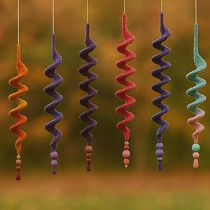 Peut inclure: Six ornements en crochet en forme de spirale colorée suspendus sur un fond d'automne flou. Les ornements sont dans des tons d'orange, de violet, de rouge, de bleu et de vert, chacun avec des accents de perles. Le texte dit : « L'espoir est une douce oscillation, une danse silencieuse qui illumine l'âme. »