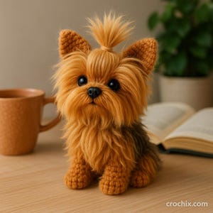 Peut inclure: Un chien Yorkshire Terrier au crochet avec une fourrure marron et beige, des yeux noirs et une coiffure en chignon. Le chien fait main est assis sur une surface en bois. Une tasse marron et un livre ouvert sont en arrière-plan.