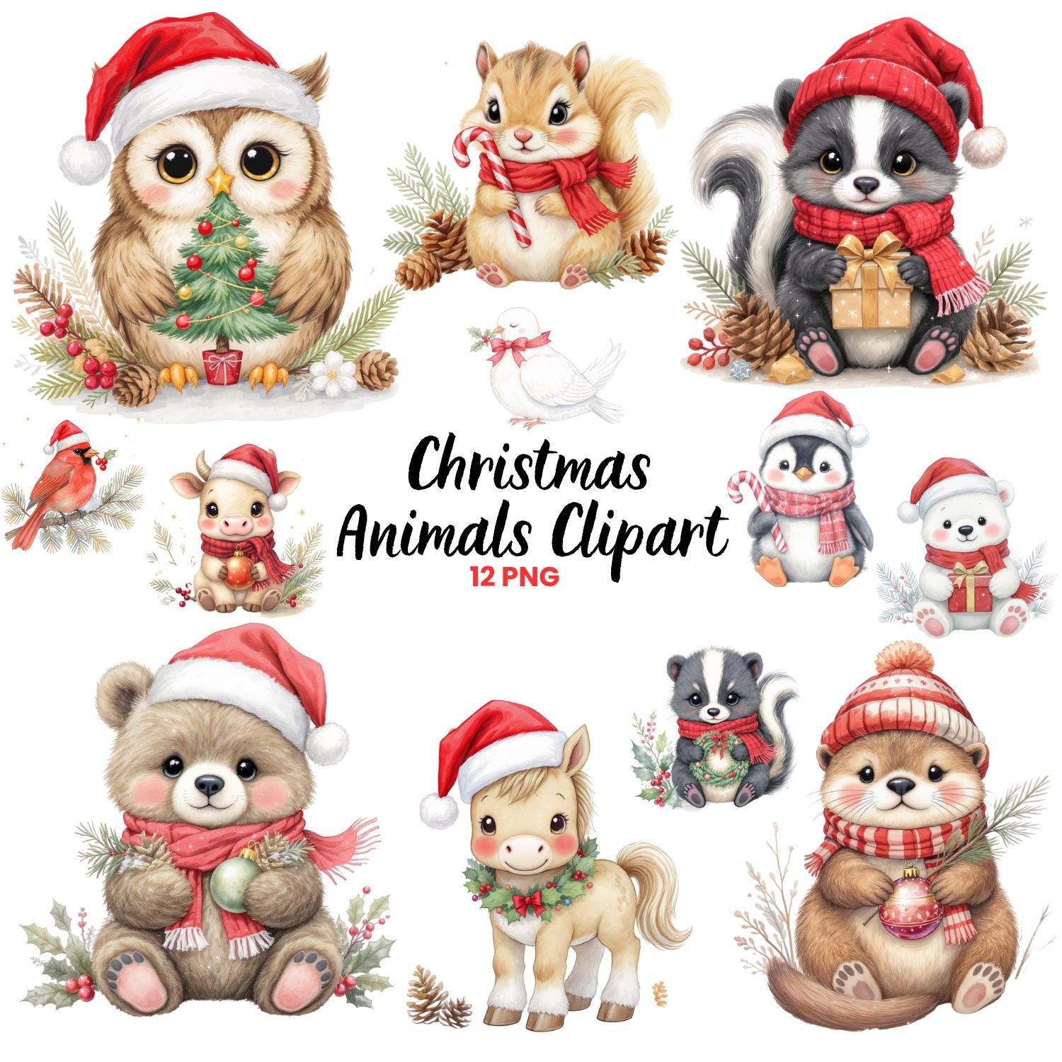 Christmas Woodland Animals Clipart | Owl Bear Penguin Horse Squirrel PNG | Watercolor Holiday Art