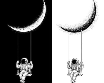 Astronaut svänger på månen halvmåne rymdforskare astronomiälskare galax rymdtema (digital nedladdning).
