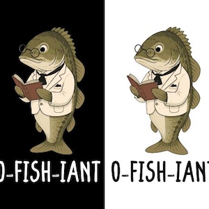 Può includere: Un'illustrazione a cartone animato di un pesce con occhiali tondi e un abito color crema con papillon nero, che tiene in mano un libro marrone aperto. Il pesce è posizionato sopra il testo O-FISH-IANT, su pannelli di sfondo nero e bianco.