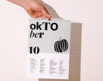 Calendario de temporada minimalista A4 – Verduras y ensaladas regionales de Alemania, reutilizable, calendario de pared para la cocina
