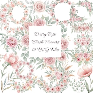 Könnte beinhalten: Aquarell-Blumenarrangements mit Blüten in Staubrosa und Blush-Tönen, ergänzt durch grüne Blätter. Das Bild zeigt Kränze, Blumensträuße und einzelne Blumenelemente. Der Text lautet "Dusty Rose Blush Flowers 19 PNG Files."