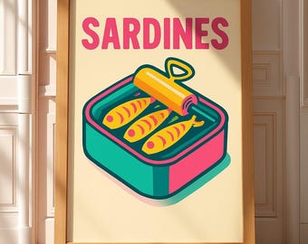 Colorful Chic Sardines Poster Digital Download Trendy Art Pop Print Modern Kitchen Wall Decor, Foodie Gift, Retro Linocut Style Fish Can Art