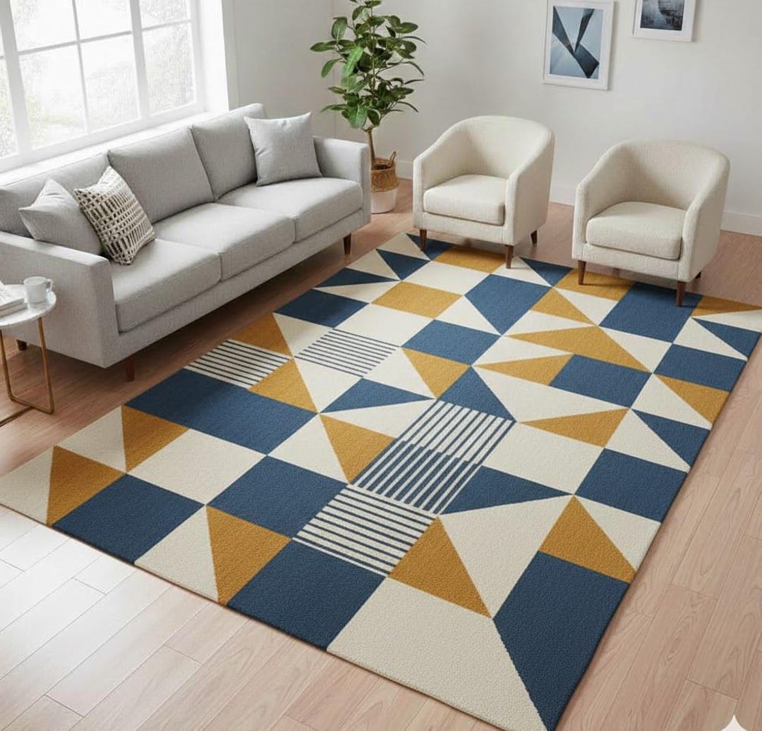 Hand Tufted Wool Rug Modern Geometric Triangle Pattern Mustard Navy ...