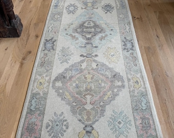 Hand Knotted Cream Floral Runner Rug, Vintage Oriental Carpet for Hallway Entryway Bedroom Kitchen, Traditional Décor, Custom Sizes