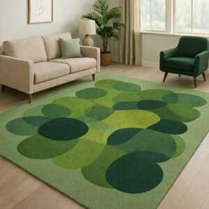 Hand Tufted Green Rug Mid Century Modern Area Carpet Tonal Overlapping Circles Abstract Wool Rug Large Moss Sage Green Living Room Rug MCM