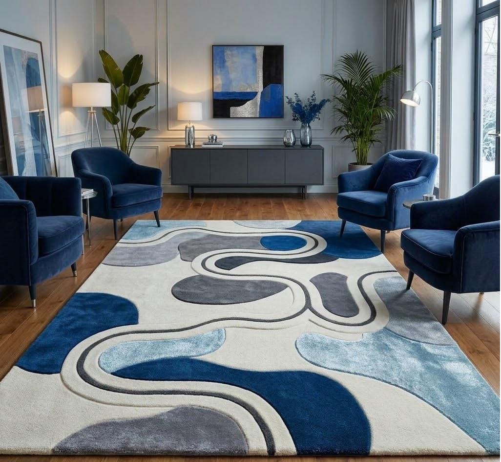 Hand Tufted Wool Rug Abstract Blue Grey Area Rug Carved Wavy Shape Rug ...