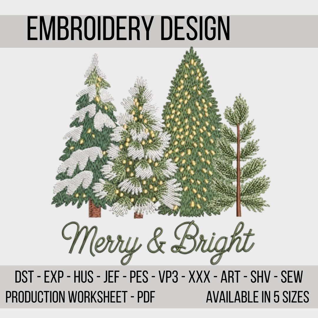 Christmas Pine Tree Embroidery Design | Merry & Bright Holiday Tree ...