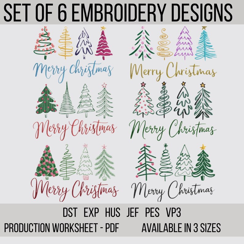 Festive Pine Tree Embroidery Designs Set | Merry and Bright Christmas ...