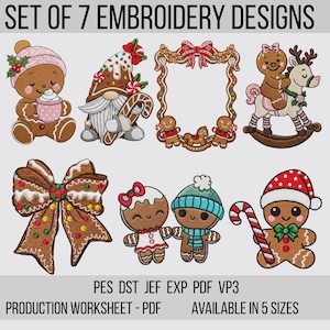 May include: Set of 7 embroidery designs featuring gingerbread characters and festive elements. Designs include a gingerbread person with a mug, a gnome, a frame, a gingerbread person on a rocking reindeer, a bow, and two gingerbread people. The text "SET OF 7 EMBROIDERY DESIGNS" is at the top.