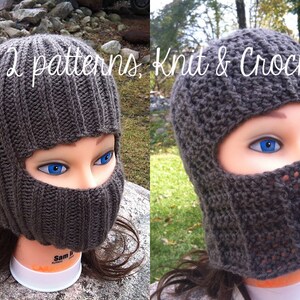 May include: Two gray knit balaclavas, one with a ribbed pattern and the other with a more open stitch pattern. Both balaclavas have eye holes and a mouth opening.