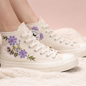 Converse Sneakers with Embroidered Floral Design / Purple Floral Shoes