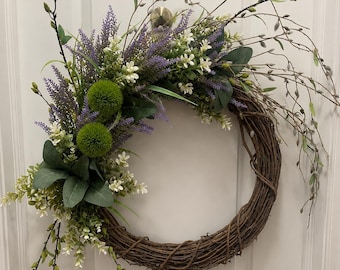 Smaller Size - Handmade Lavender Grapevine Wreath | Farmhouse Summer Door Decor, Eucalyptus Greenery