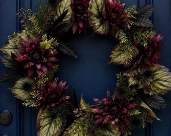 Gothic Halloween Wreath | Little Shop Inspired Front Door Decor | Dark Plum Dahlia Grapevine Wreath | Moody Fall Gothic Home Decor