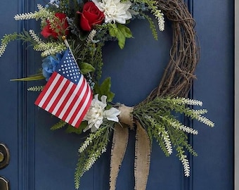 Handcrafted Patriotic Grapevine Wreath, Red White Blue Floral Door Decor