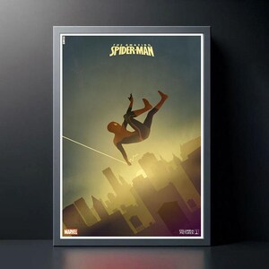 Puede incluir: P&oacute;ster enmarcado con el t&iacute;tulo "THE AMAZING SPIDER-MAN" en letras doradas. La imagen muestra a Spider-Man en el aire contra un paisaje urbano. El p&oacute;ster est&aacute; en un marco gris, con los logotipos de Marvel y Columbia Pictures en la parte inferior.