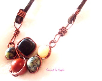 Earth Bubbles Gemstone Leather Necklace//Statement Necklace//Leather Jewelry//Copper Jewelry//Wire Wrapped Necklace//Chakra Jewelry