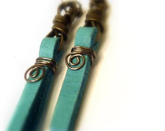 Tied in Knots//Turquoise//Antique Leather Bar Earrings//Blue Leather Earrings//Leather Jewelry//Leather Statement Earrings//Bar Earrings