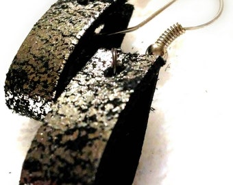 Black Silver Crackle Leather Teardrop Earrings| Leather Dangle| Holiday Earrings| Black and Silver Drop Earrings| Leather Jewelry