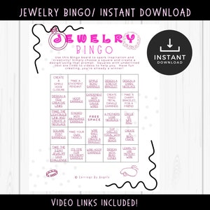 May include: A pink and white bingo card with the title "Jewelry Bingo". The card has 25 squares with different jewelry making prompts, such as "Create a simple hook closure" and "Make a charm bracelet for a friend". The card also includes the text "Instant Download" and "Video Links Included!"