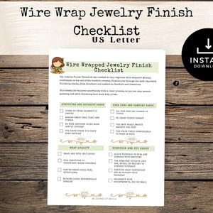 May include: A checklist titled "Wire Wrap Jewelry Finish Checklist" on a white paper with a wooden background. The checklist includes sections on structure, security, wire ends, comfort, wrap quality, and function.