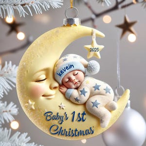 Custom Baby On Moon First Christmas Ornament, Personalized Acrylic Ornament, Moon Acrylic Keepsake,Christmas Gift For Boys Girls