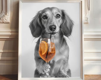 Long Haired Dachshund Aperol Poster, Funny Dog Wall Art, Minimalist Black and White Print, Kitchen Bar Decor, Wiener Dog Illustration