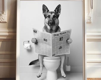 German Shepherd on Toilet Reading Newspaper, German Shepherd Bathroom Art, German Shepherd Gifts, German Shepherd Decor, png digital print