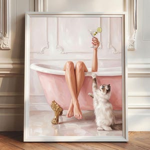 Ragdoll Cat Art in Bathroom, Woman in Pink Bathtub Wall Art, Ragdoll Cat Gifts, Martini Glass Prints, Cat Lover Gift, Oil Painting PNG Print