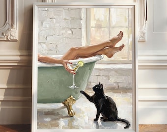 Black Cat Poster, Woman in Bathtub Wall Art, Black Cat Bathroom Art, Vintage Martini Poster, Cat Lover Gifts, Oil Painting, Sage Green Print