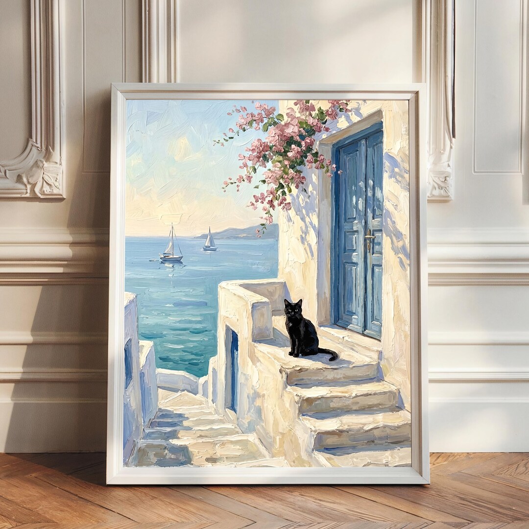 Black Cat in Greece Poster, Cat Picture, Cat Lover Gifts, Cat Wall Art ...