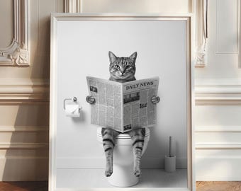 Tabby Cat on Toilet Reading Newspaper, Tabby Cat Wall Art, Black and White Cat Poster, Tabby Cat Gifts, Bathroom Prints, Guest Toilet Prints