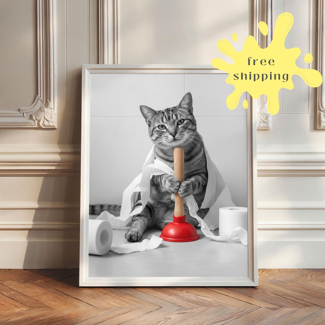 Funny Black & White Cat Wall Art Print • Red Plunger and Toilet Paper ...