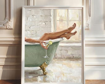 Puede incluir: Pintura al óleo de una persona relajándose en una bañera verde vintage con patas de garra doradas. La persona sostiene un martini con una rodaja de lima. El fondo presenta una ventana y una pared de ladrillos blancos.