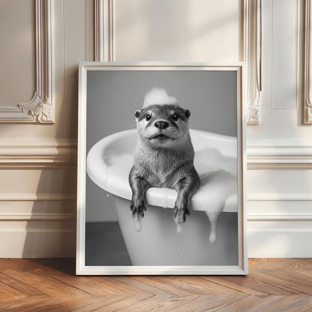 Otter in Bathtub Bubble Bath Print • Funny Bathroom Wall Art • Black ...